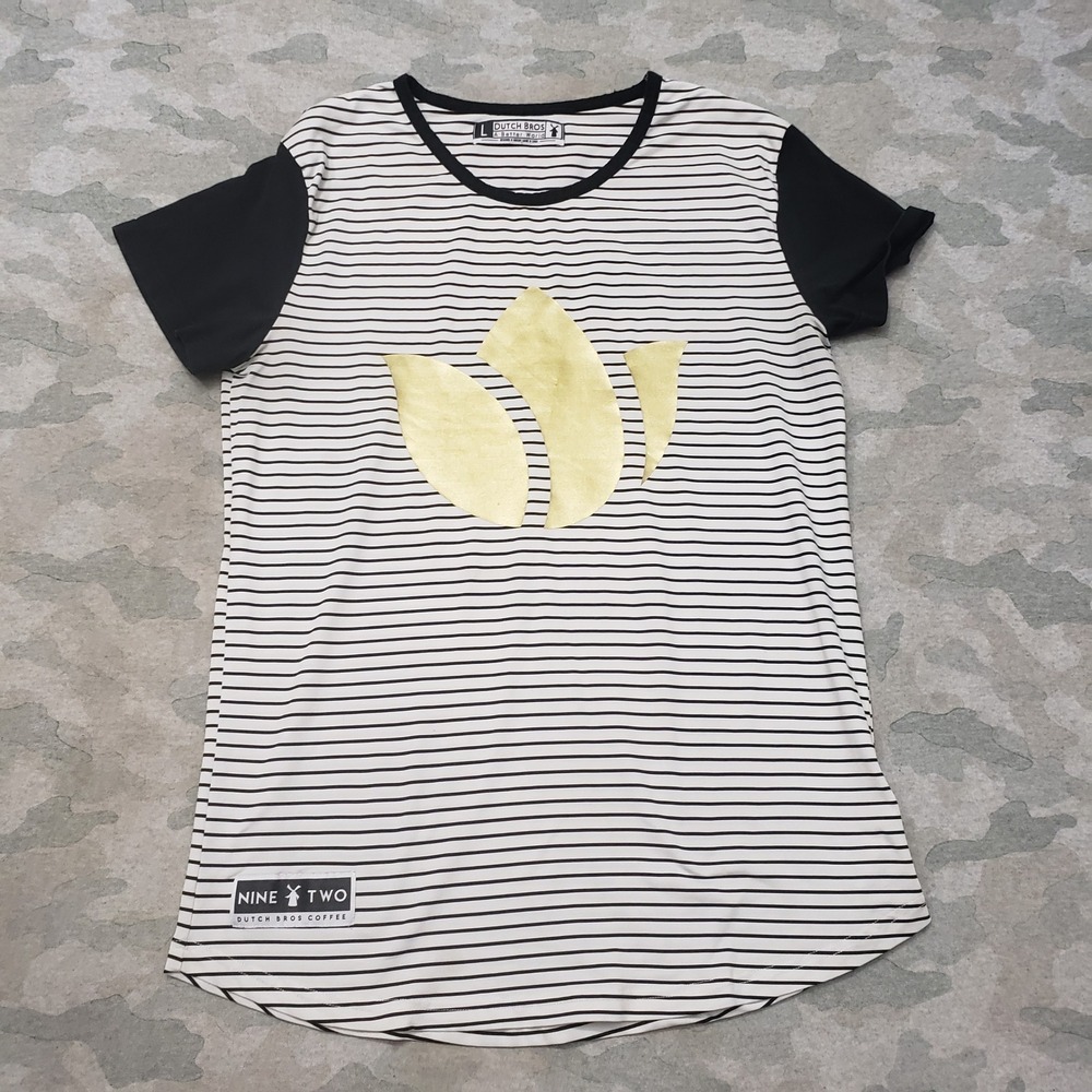 Dutch Bros Coffee Top Women Large White Short Sleeve Striped